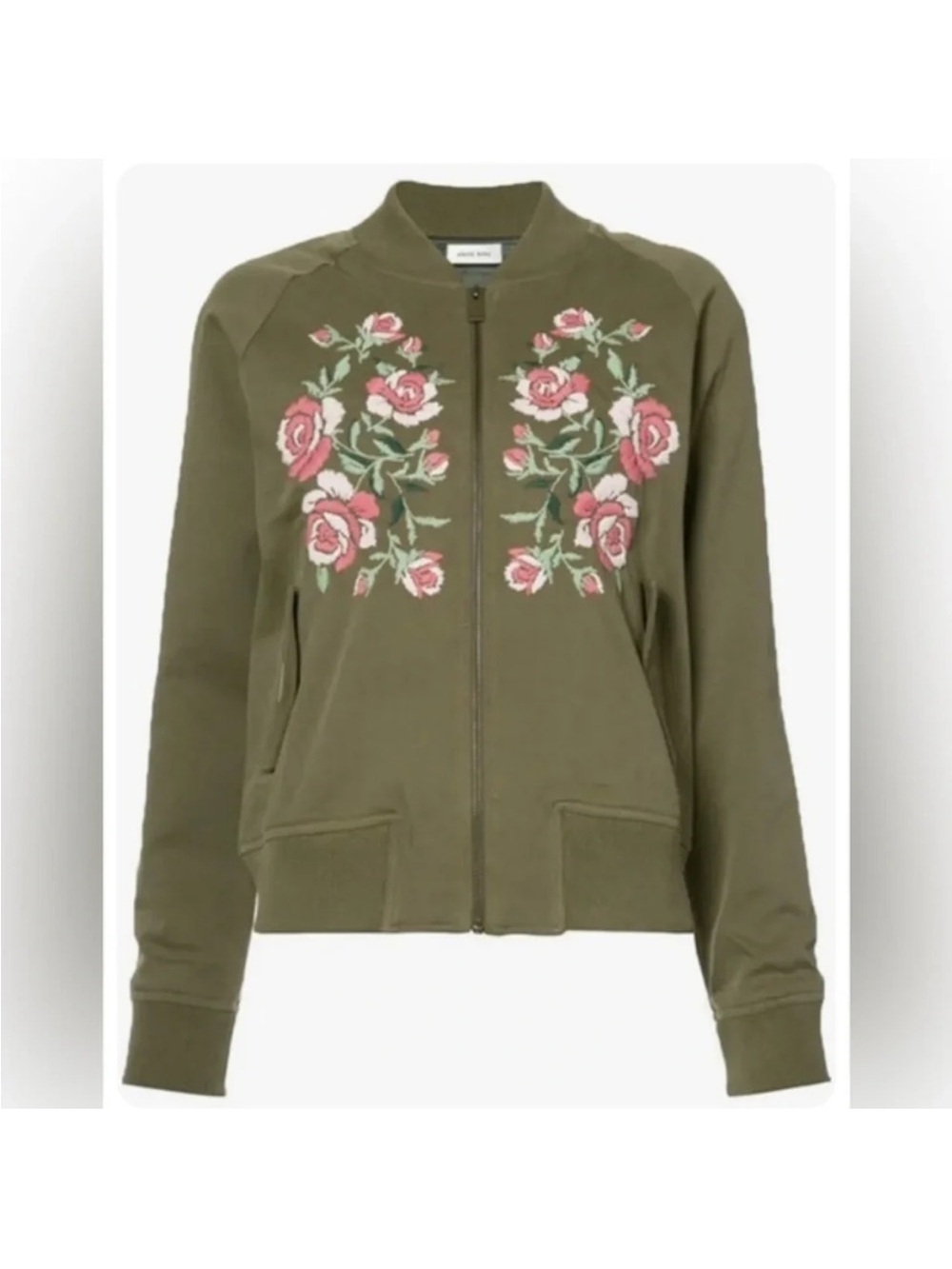 Anine Bing Olive Green Bomber Jacket with Pink Rose Embroidery
